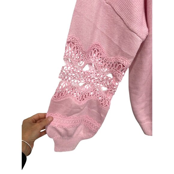 Relaxed Fit Pink Lace Trimmed Deep V Neck Sweater SZ Large Crochet Detail - Picture 5 of 10
